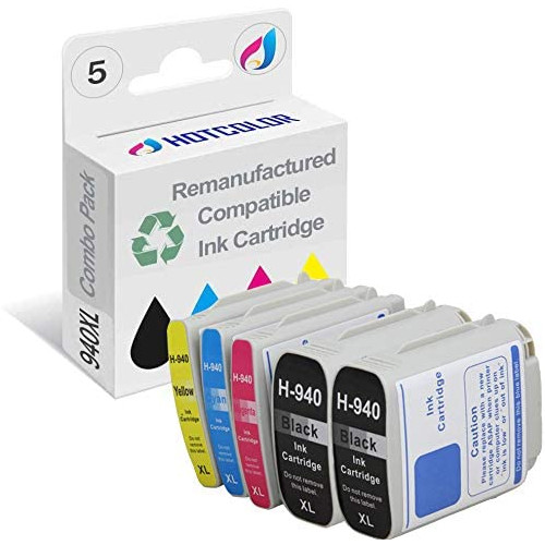 HOTCOLOR 5 Pack 940XL Ink Cartridge ( 2 Black 1 Cyan 1 Magenta 1 Yellow ) Remanufactured for HP 940XL for HP Officejet Pro 8000 8500 Printer