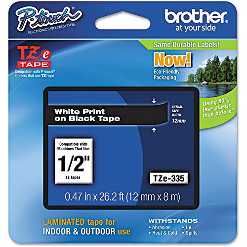 Brother Genuine P-touch TZE-335 Label Tape, 1/2 (0.47) Standard Laminated P-touch Tape, White on black, Laminated for Indoor or Outdoor Use, Water Resistant, 26.2 Feet (8M), Single-Pack
