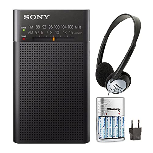 Sony ICFP26 Portable AM/FM Radio (Black) with Headphones and Accessory Bundle (3 Items)