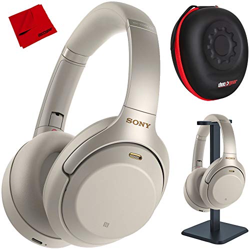 Sony WH1000XM3/S Premium Noise Cancelling Wireless Bluetooth Headphones with Built in Microphone, Silver Bundle with Deco Gear Premium Hard Case + Pro Audio Headphone Stand +Microfiber Cleaning Cloth