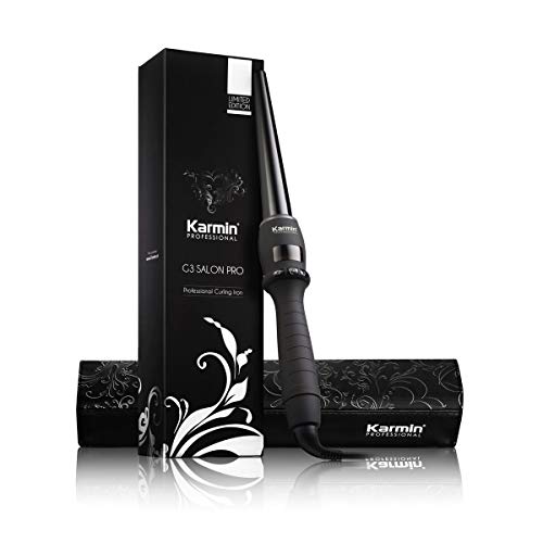 Karmin Professional Tourmaline Ceramic Clipless Curling Wand/Iron with Tappered Barrel, Free Heat Matt / Carrying Case
