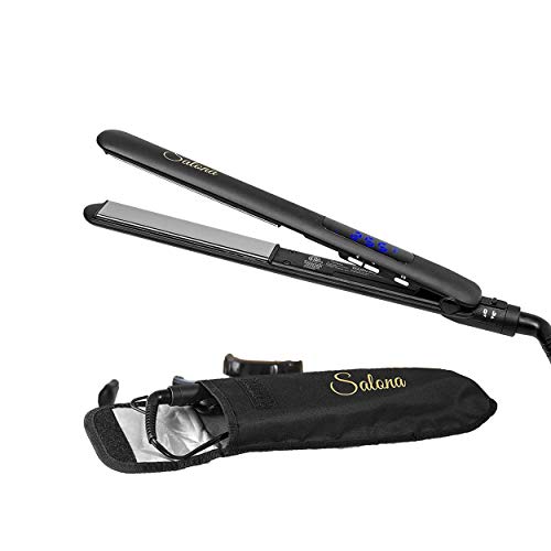 Salona Titanium Coated Hair Straightening Iron, Professional Flat Iron Hair Straightener and Hair Curler with Digital LCD Display and Heat Resistant Bag, Black