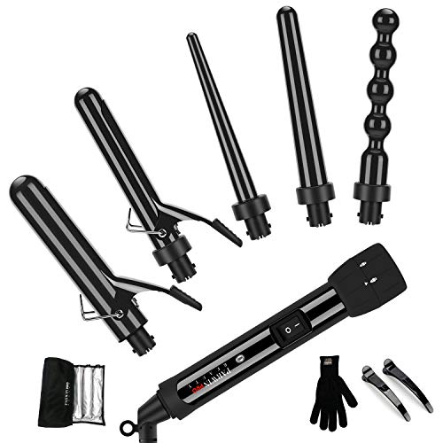 PARWIN BEAUTY 5 in 1 Curling Iron Curling Wand Set – 0.3 to 1.25 Inch Interchangeable Ceramic Barrels Dual Voltage Curling Wand - Hair Curler with Clips Glove and Travel Case