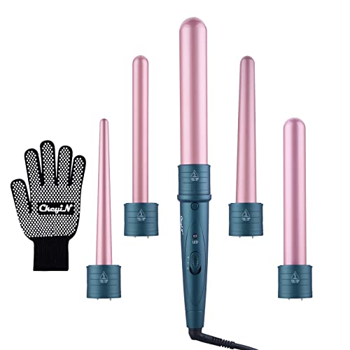 CkeyiN 5 in 1 Ceramic Curling Iron Wand Set with 5 Interchangeable Barrels Temperature Control + [1x Heat Resistant Glove] - Fast Heating Up Black