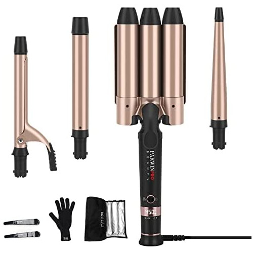 PARWIN PRO 5 IN 1 Curling Iron and Wand Set with 5 Interchangeable Ceramic Barrels Hair Curler Wand - Dual Voltage Curling Wand LED Temperature Control with Heat Protective Glove and Clips Rose-Gold
