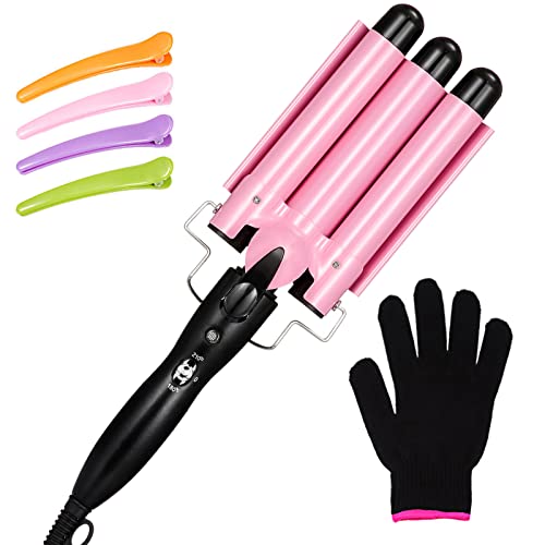 3 Barrel Curling Iron Wand Hair Waver Iron Ceramic Tourmaline Hair Crimper with 4 Pieces Hair Clips and Heat Resistant Glove Curling Waver Iron Heating Styling Tools Pink