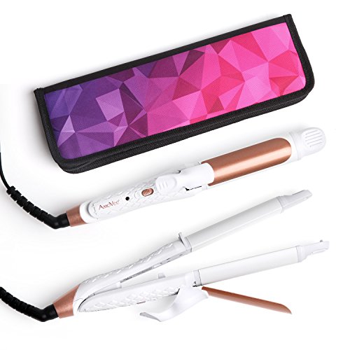 AmoVee 2 in 1 Mini Flat Iron Curling Iron Travel Hair Straightener with Ceramic Tourmaline Coated Dual Voltage 1 inch Carry Bag Included White