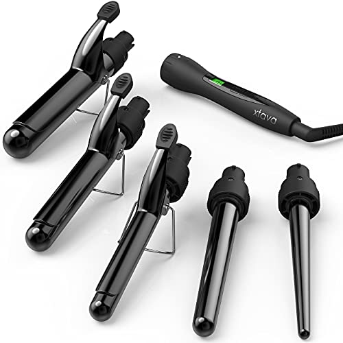 5 in 1 Professional Curling Iron and Wand Set - 0.3 to 1.25 Inch Interchangeable Ceramic Barrel Wand Curling Iron - Dual Voltage Hair Curler Set for All Hair Types with Glove and Travel Case by Xtava