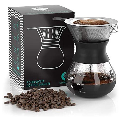 Coffee Gator Pour Over Coffee Maker - 10.5 oz Paperless, Portable, Drip Coffee Brewer Pour Over Set w/ Glass Carafe & Stainless-Steel Mesh Filter, Black