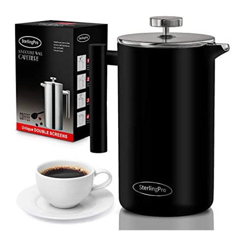 SterlingPro French Press Coffee Maker (1L)-Double Walled Large Coffee Press with 2 Free Filters-Enjoy Granule-Free Coffee Guaranteed, Stylish Rust Free Kitchen Accessory-Stainless Steel French Press