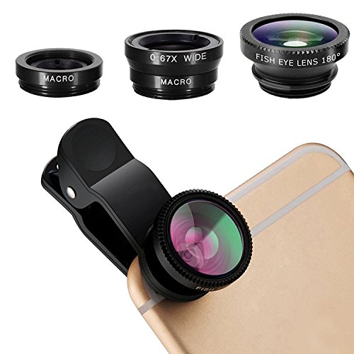pehael 3-in-1 Clip On 180 Degree Fish Eye Lens Plus 0.67X Wide Angle Plus 10X Macro Lens, Universal HD Camera Lens Kit for iPhone 6S6S Plus6Se55SSamsungBlackberry