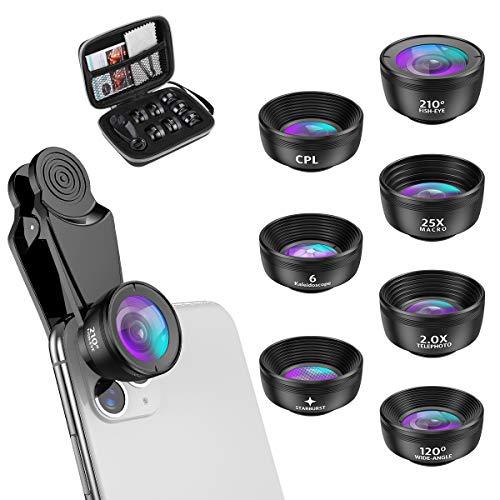 Criacr Phone Camera Lens, 210 °Fisheye Lens + 120 °Wide Angle + 25X Macro + 2X Telephoto + Star Lens + CPL + 6 Kaleidoscope 7 in 1 Phone Lens Kit Compatible with iPhone/Samsung/Google Pixel etc