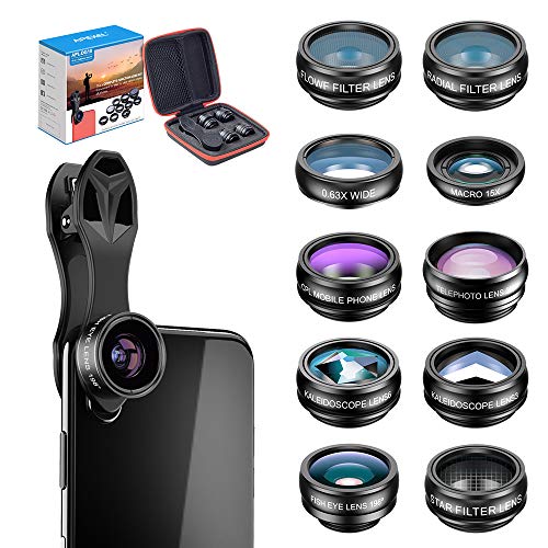 Apexel 10 in 1 Cell Phone Camera Lens Kit Wide Angle Lens & Macro Lens+Fisheye Lens+Telephoto Lens+CPLFlowRadialStar Filter+Kaleidoscope 36 Lens for iPhone Samsung Sony and Most of Smartphone