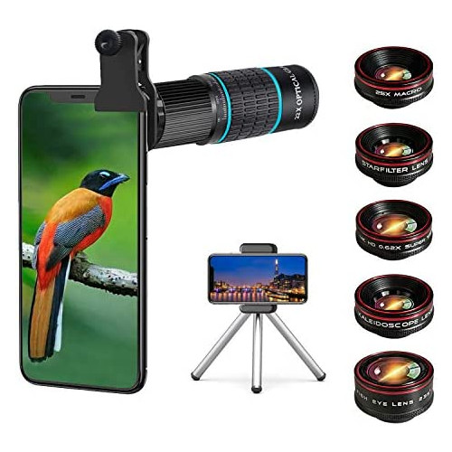 Phone Camera Lens Kit 10 in 1 for iPhone Samsung Pixel Android, 22X Telephoto Lens, 0.62X Super Wide Angle Lens&25X Macro Lens, 235° Fisheye,Kaleidoscopes, Starlight，Tripod，for Most Smartphone