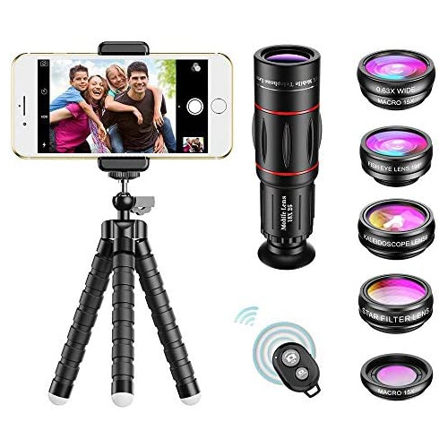 APEXEL Phone Camera Lens with 18x Telephoto Lens+Fisheye,Macro/Wide Angle Lens+Star,Kaleidoscope Filter+Tripod and Shutter 8 in 1 Cell Phone Lens Kit Fit For iPhone and other Smartphone