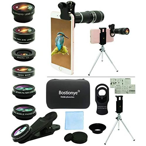 Cell Phone Camera Lens Kit,11 in 1 Universal 20x Zoom Telephoto Lens,0.63Wide Angle+15X Macro+198°Fisheye+2X Telephoto+Kaleidoscope+CPLStarlightEyemaskTripodRemote,for Most Smartphone (Black)