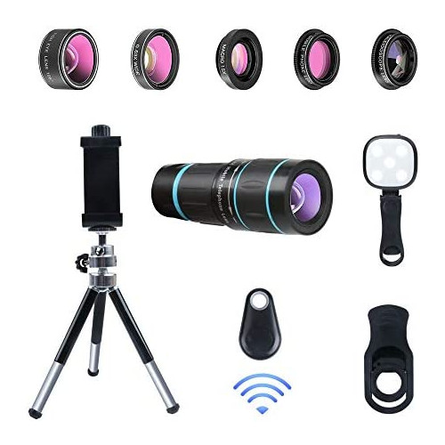 Godefa Cell Phone Camera Lens with Tripod+ Shutter Remote,6 in 1 18x Telephoto Zoom LensWide AngleMacroFisheyeKaleidoscopeCPL, Clip-On lense Compatible for iPhone X 8 7 6s Plus, Samsung and More