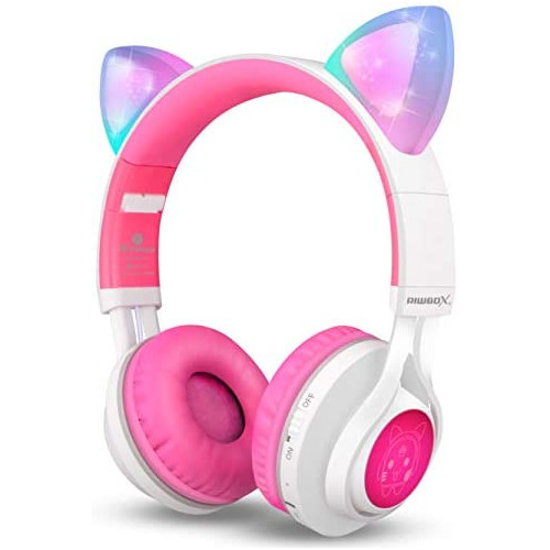 Riwbox CT-7 Cat Ear Bluetooth Headphones, LED Light Up Bluetooth Wireless Over Ear Headphones with Microphone and Volume Control for iPhone/iPad/Smartphones/Laptop/PC/TV (Pink&Green)