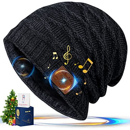 Bluetooth Beanie Hat Wireless Headphone Beanie Mens Gifts Womens Gifts Winter Knitting Beanie Cap with Earphones Built-in Microphone for Hand-Free CallingBlack