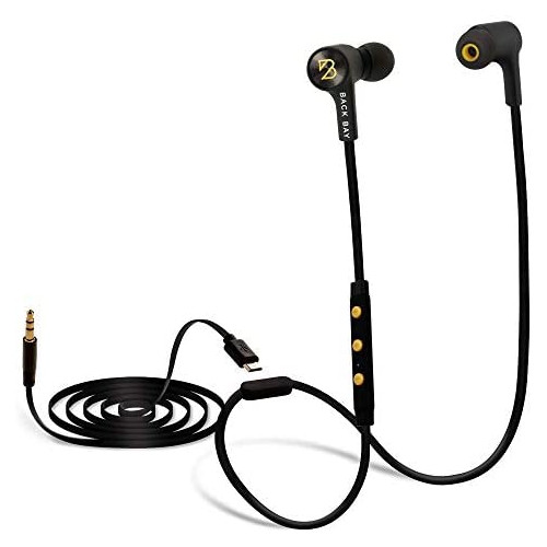 Back Bay 2-in-1 Wireless & Wired Bluetooth Earbuds. Sweatproof Wireless Stereo Headphones with Microphone, 6 Earphone Tips, AUX Cable and Carrying Bag