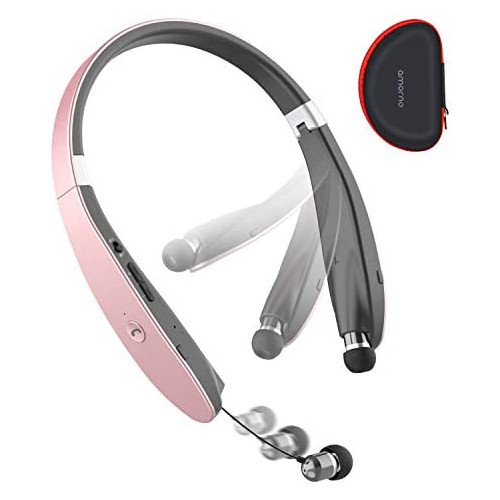 AMORNO Foldable Bluetooth Headphones Wireless Neckband Headset with Retractable Earbuds Sports Sweatproof Noise Cancelling Stereo Earphones with Mic Black