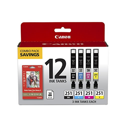 Canon CLI-251 BK/C/M/Y 12 Color Combo Pack Compatible to MG7520 MG5620 MG6620