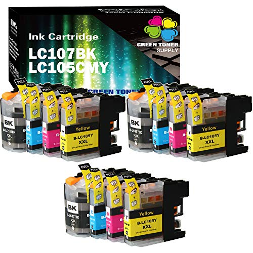 Green Toner Supply Compatible Ink Cartridge Replacement for Brother LC107 LC-107 / LC105 LC-105 XXL High Yield 3 Black 3 Cyan 3 Yellow 3 Magenta 12-Pack