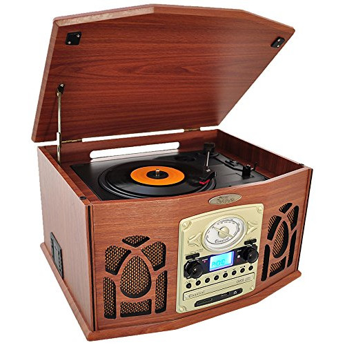 Pyle PTCDS7UBTBW Bluetooth Turntable System Retro Vintage Classic Style Vinyl Record Player with Vinyl-to-MP3 Recording CD Player Wood
