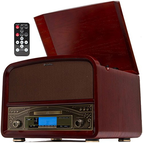 TechPlay TCP9560BT CH, Bluetooth 20W Retro Wooden 3 Speed Turntable with CD Player, AM/FM Radio, USB Recording & Playback with Remote Control u2013 Cherry Wood Color