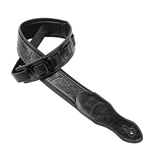 Walker & Williams G-118 Black on Black Padded Guitar Strap with Embossed Tooling & Padded Glove Leather Back