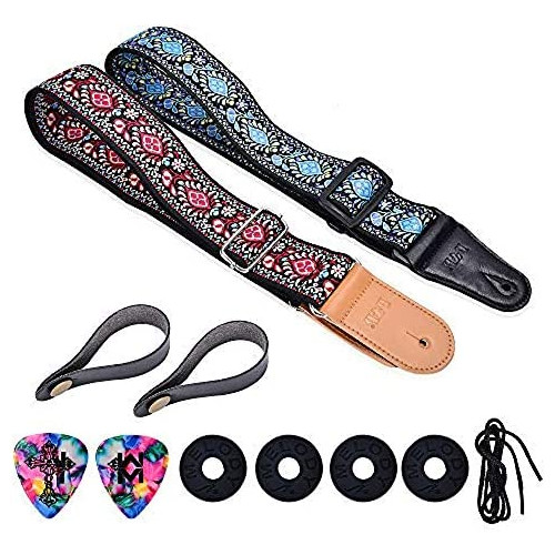 Guitar Strap , Cotton Leather Embroidered Vintage Woven With Guitar Strap Locks And Strap Button