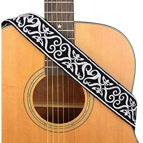 CLOUDMUSIC Guitar Strap Jacquard Weave Strap With Leather Ends Vintage Classical Pattern Design Guitar Picks Free(Classic Pattern Brown)