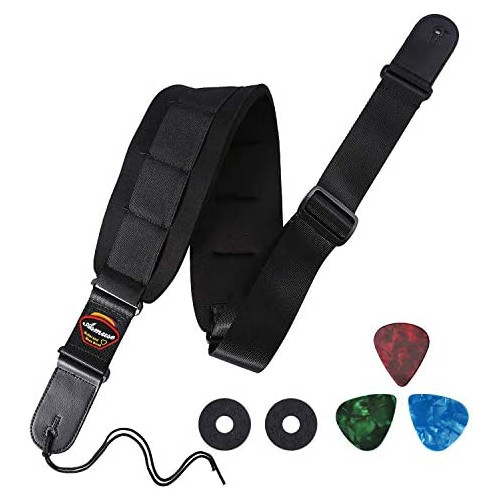 Bass Strap Padded Guitar Strap with Leather Ends and 3.7 inch Wide Neoprene SBR Memory Foam plus Inside Pick Holder Adjustable Length from 43 Inch to 53 Inch for Heavy Bass and Guitars