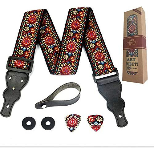 Guitar Strap Embroidered Red Vintage Woven W/ FREE BONUS- 2 Picks + Strap Locks + Strap Button. Best Gift For Bass, Electric & Acoustic Guitars. Gift for Men & Women Guitarists