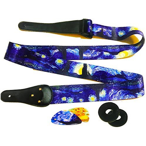 Van Gogh Starry Night Guitar Strap Includes 2 Strap Locks & 2 Matching Picks. Adjustable Guitar Strap - Gift for Men Women Guitarist for Bass, Electric & Acoustic Guitars