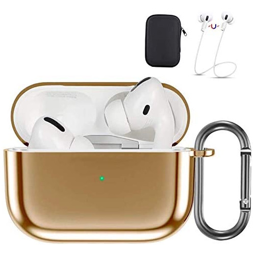 Aiiko AirPods Pro Case Cover, Soft TPU Plated Full Protective Shockproof Cover with Keychain/Anti-Lost Straps and EVA Box Set for AirPods Pro Case 2019 (Front LED Visible)-Gold