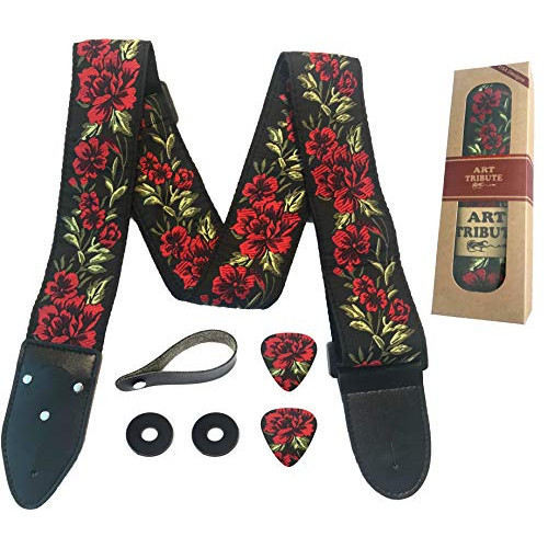 Guitar Strap Cotton Rose Flower W/FREE BONUS [2021 NEW] 2 Picks + Strap Locks + Strap Button. For Bass, Electric & Acoustic Guitars. Awesome Gift for Men & Women Guitarists