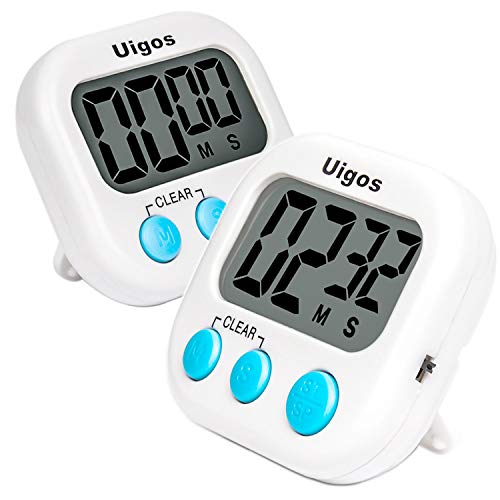 Uigos 2 Pack Digital Kitchen Timer II 2.0 , Big Digits, Loud Alarm, Magnetic Backing, Stand, for Cooking Baking Sports Games Office (White) (2 Pack)