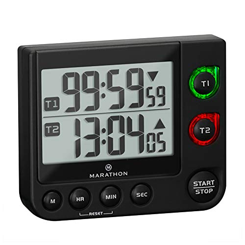 MARATHON 100 Hour Dual Digital Timer with Two Blinking Visual Alarms - Batteries Included (Black)