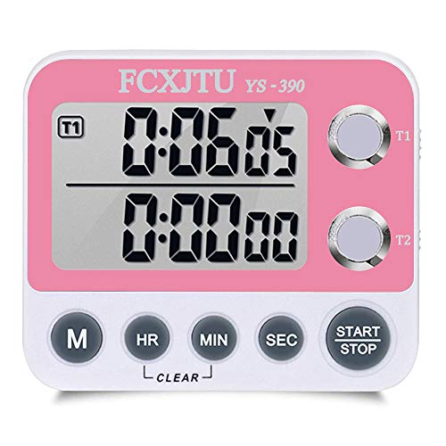 타이머 FCXJTU Digital Kitchen Timer Magnetic Dual Count UP/Down Cooking Stopwatch Large Display Adjustable Volume Alarm and Flashing Light with On/Off Switch Battery Included Pink