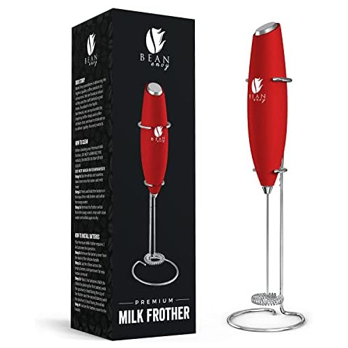 우유거품기 Bean Envy Milk Frother Handheld - Perfect For The Best Latte - Whip Foamer - Includes Stainless Steel Stand - Black