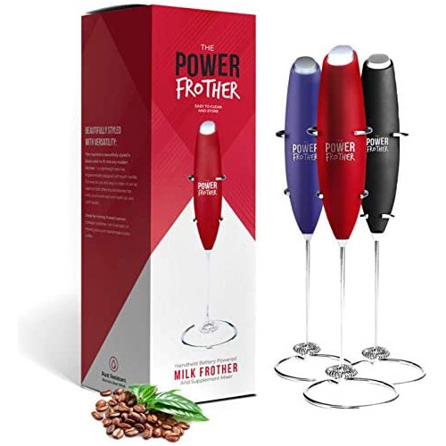 Milk Frother - Black Power Frother - Ultra Durable Electric Handheld - Battery Operated for Coffee, Protein Powder, Collagen, Pre-Workout, Greens, Matcha - Quiet & High Powered - Stand Included