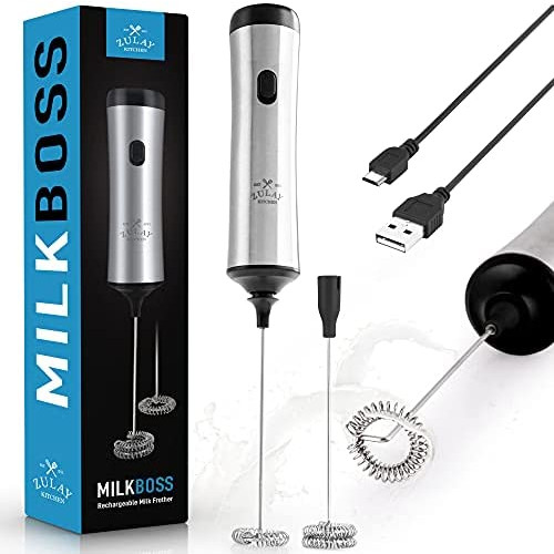 Zulay Super High Powered Rechargeable Milk Frother & Milk Foamer for Coffee - Portable Handheld Frother Whisk for Latte, Cappuccino, Matcha - Includes 1-Single & 1-Double Coil Whisks, Unlimited Life