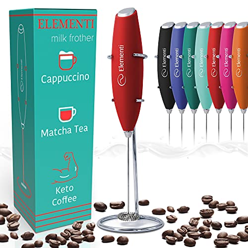 Elementi Electric Milk Frother Handheld, Matcha Whisk, Milk frother for Coffee Frother Electric Handheld Drink Mixer, Electric Mini Whisk Small Hand Mixer, Frappe Maker (Red)