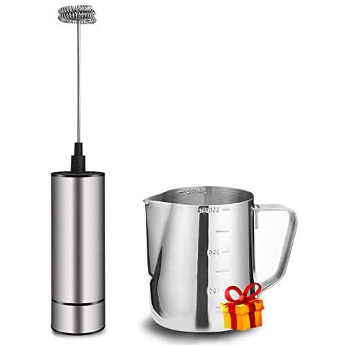 우유거품기 Milk Frother Handheld Electric Coffee Frother for Foaming Latte/Cappuccino Frother Mini Frappe Mixer for Drink Hot Chocolate Stainless Steel Silver