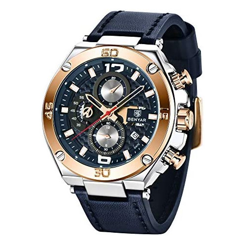 스마트워치 BENYAR Men Watch Quartz Chronograph Date 3ATM Waterproof Watches Business Sport Design Leather Strap Wrist Watch for Men Father