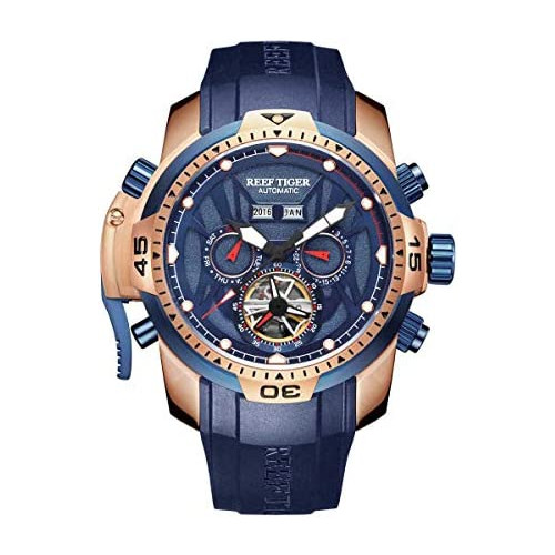 Reef Tiger Military Watches for Men Rose Gold Complicated Blue Dial Automatic Sport Watches RGA3532