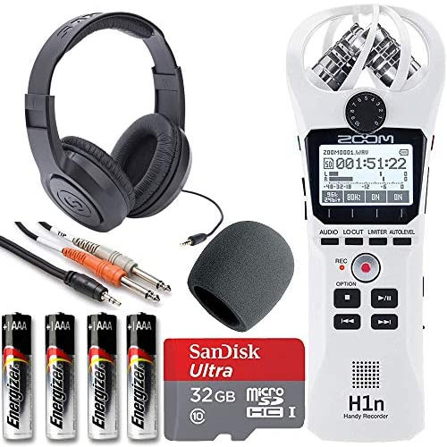 Zoom H1n Handy Recorder + On Stage Windscreen + SanDisk Ultra 32GB Card + Cable + Samson Headphones + Energizer AAA Batteries (White)