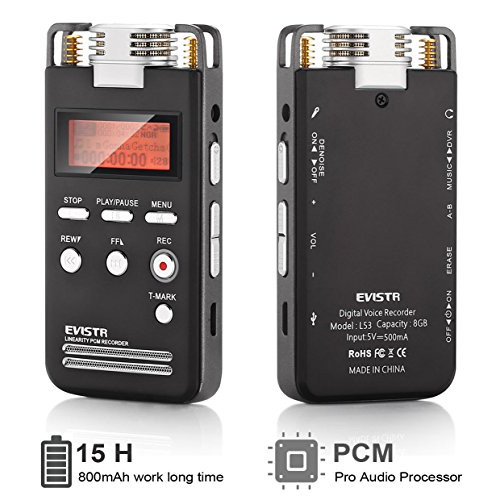 보이스 레코더 Voice Recorder 8GB Pro PCM 1536K Clear Stereo Audio by EVISTR L53 Voice Activated Recorder Digital Dictaphone Portable Recording Device Double HD Adjustable Microphone Noise Reduction