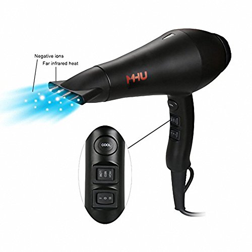 MHD Professional Salon Grade 1875w Low Noise Ionic Ceramic Ac Infrared Heat Hair Dryer Plus One Concentrator and One Diffuser Black Color